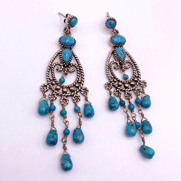 Barse Vintage Gold Filled And Turquoise Chandelier Dangling Studs Earrings 3” - Picture 6 of 6